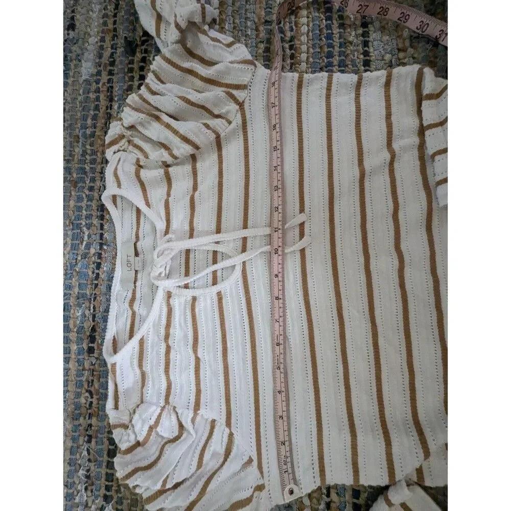 Striped Jacquard Tie Keyhole Ruched Sleeve Top Whisper White Golden Brown Quiet